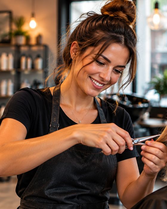 Une coiffeuse souriante coupe les cheveux d'une cliente