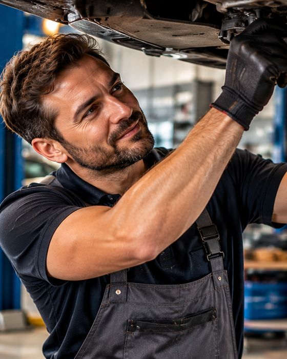 Un mécanicien travaille sous une voiture dans son garage