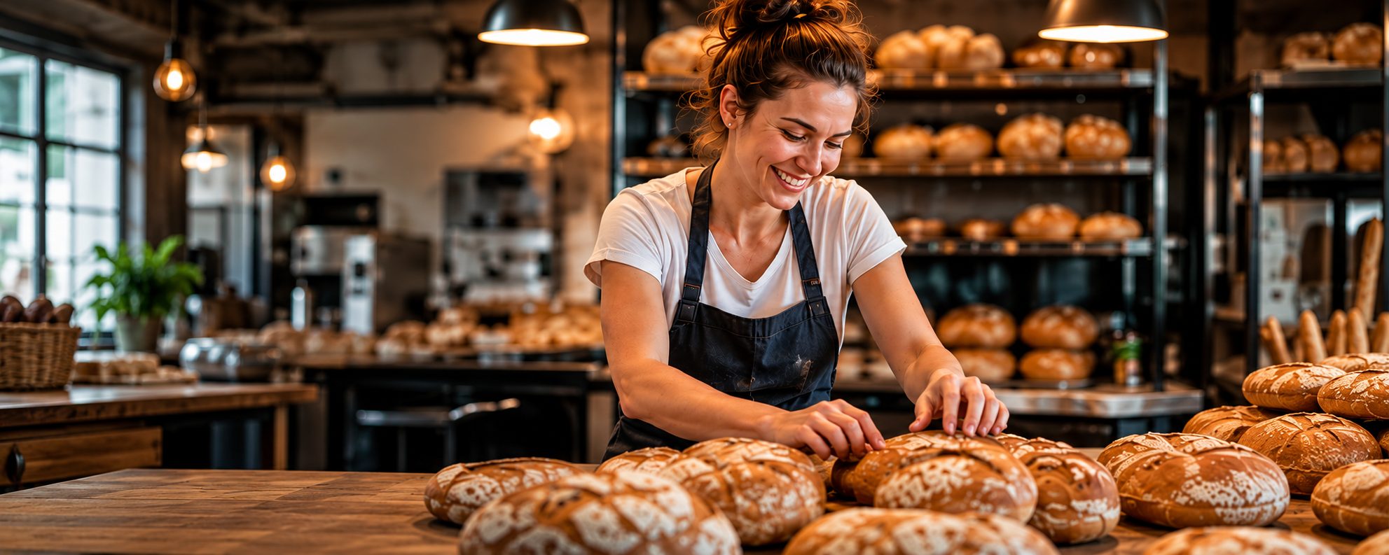 Une boulangère souriante prépare ses pains dans sa boulangerie