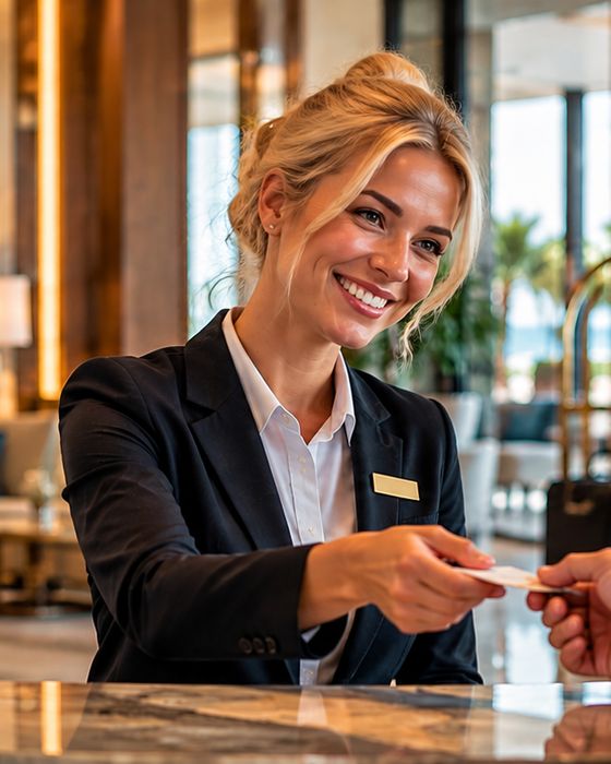 Une réceptionniste d'hôtel remet une carte à un client