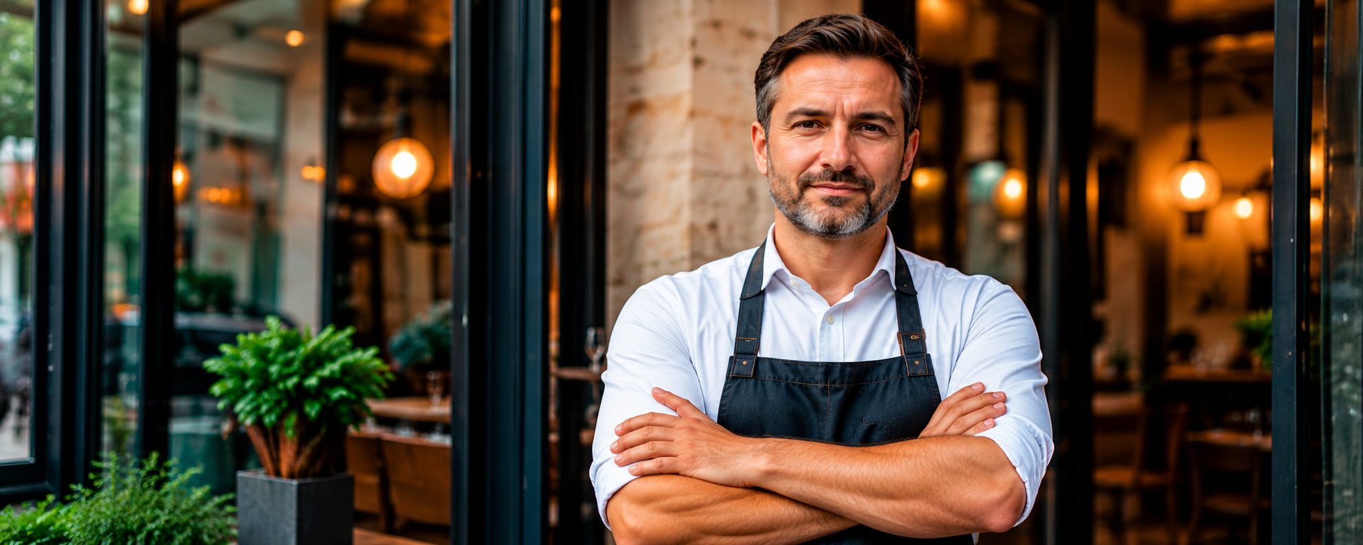 Un restaurateur souriant, les bras croisés devant son établissement