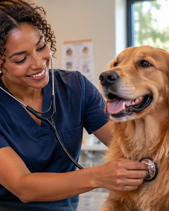Une vétérinaire souriante ausculte un golden retriever
